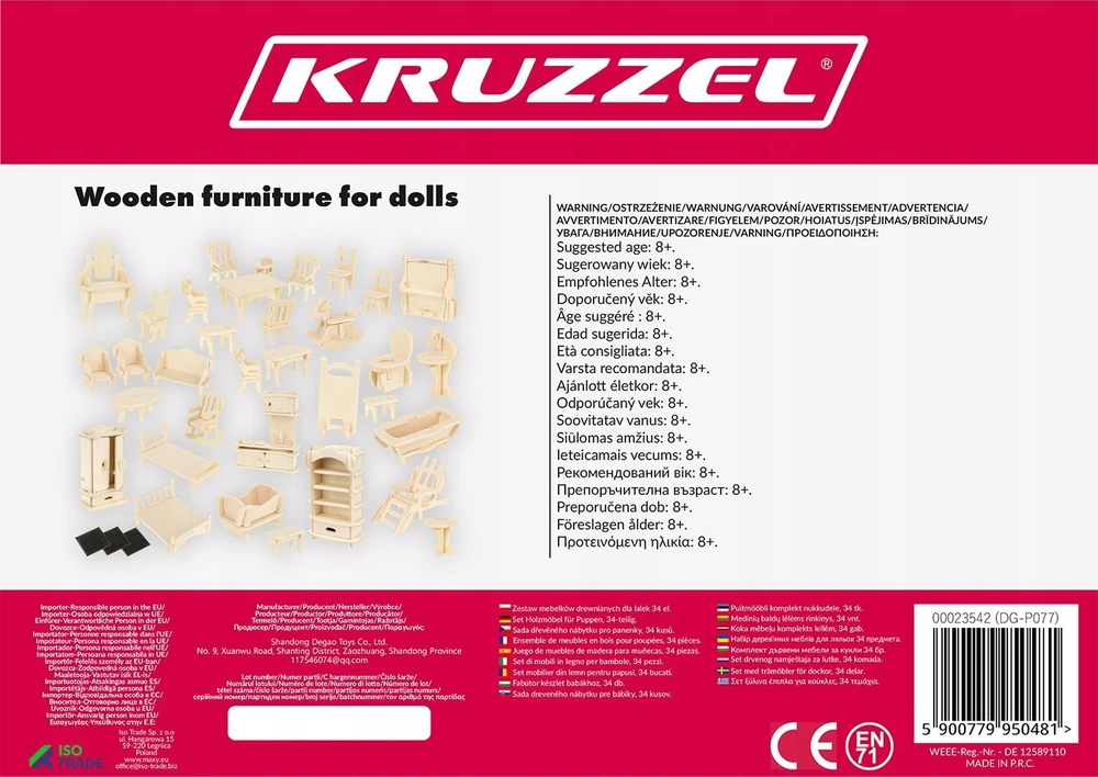 Kruzzel Žaisliniai mediniai baldai lėlėms, lėlių nameliui, 34 vnt. 23542