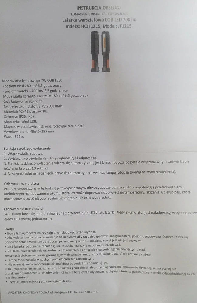 Urzadzenia Warsztatowe Dirbtuvių įranga KT HC COB LED DIRBTUVĖS LAMPAS 700lm POWERBANK