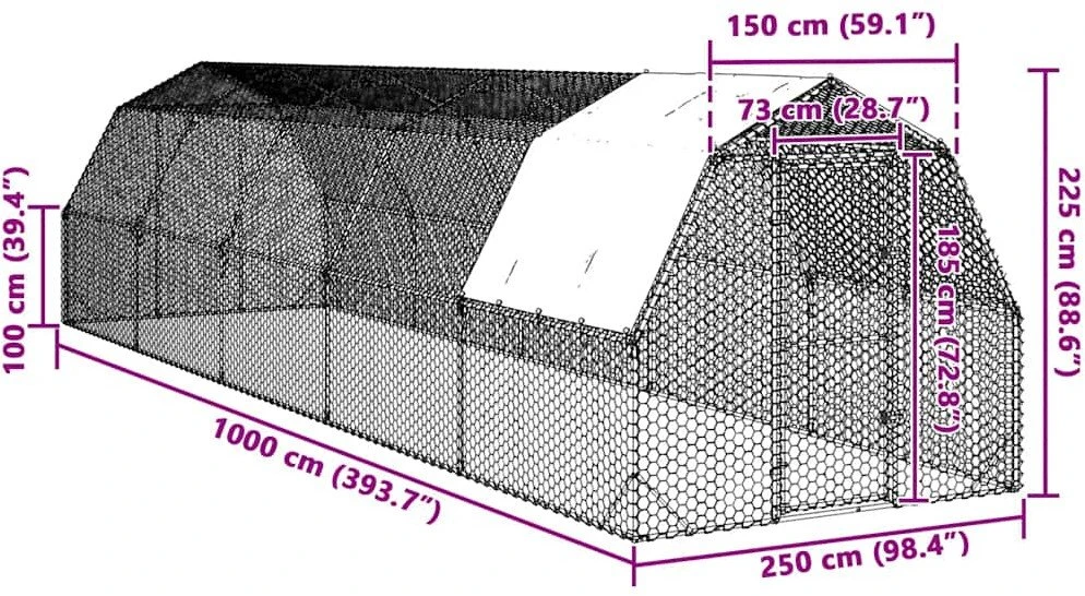 vištienos bėgimas su stogu 2,5x10x2,25 m cinkuoto plieno