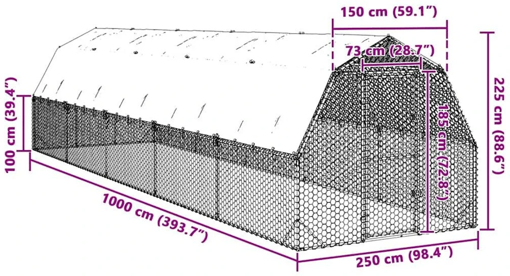 vištienos bėgimas su stogu 2,5x10x2,25 m cinkuoto plieno