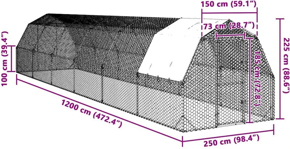 vištienos bėgimas su stogu 2,5x12x2,25 m cinkuoto plieno