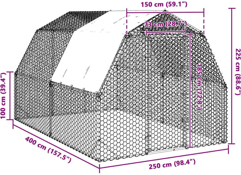 vištienos bėgimas su stogu 2,5x4x2,25 m cinkuoto plieno