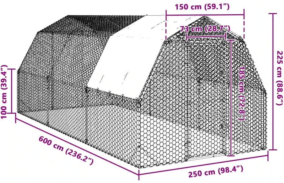 vištienos bėgimas su stogu 2,5x6x2,25 m cinkuoto plieno