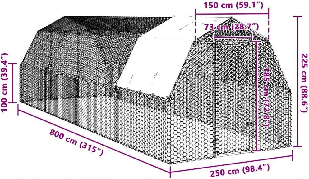 vištienos bėgimas su stogu 2,5x8x2,25 m cinkuoto plieno