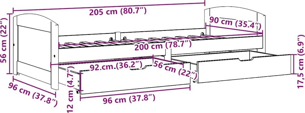 Lova su 2 stalčiais be čiužinio IRUN, balta/rožinė, 90x200cm