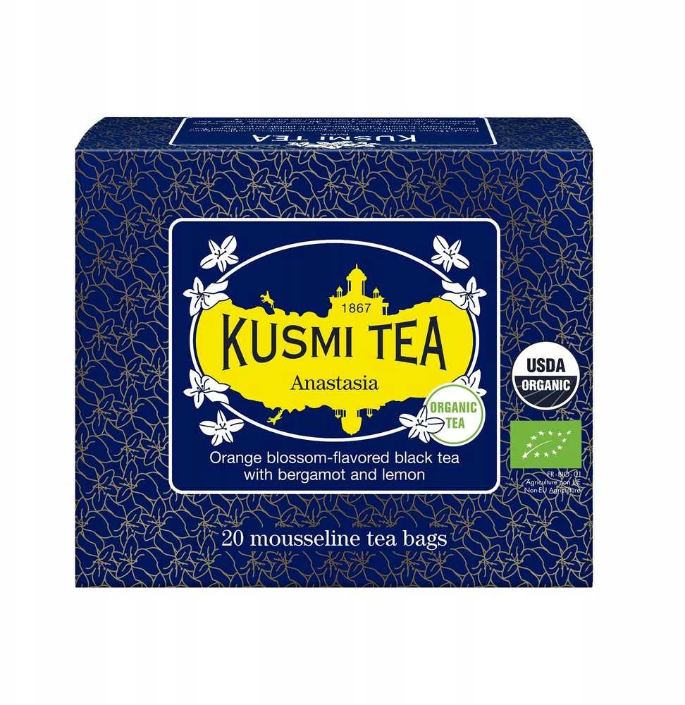 Kusmi Tea Anastasia arbatos dėžutė su ekologiškumo ženklais