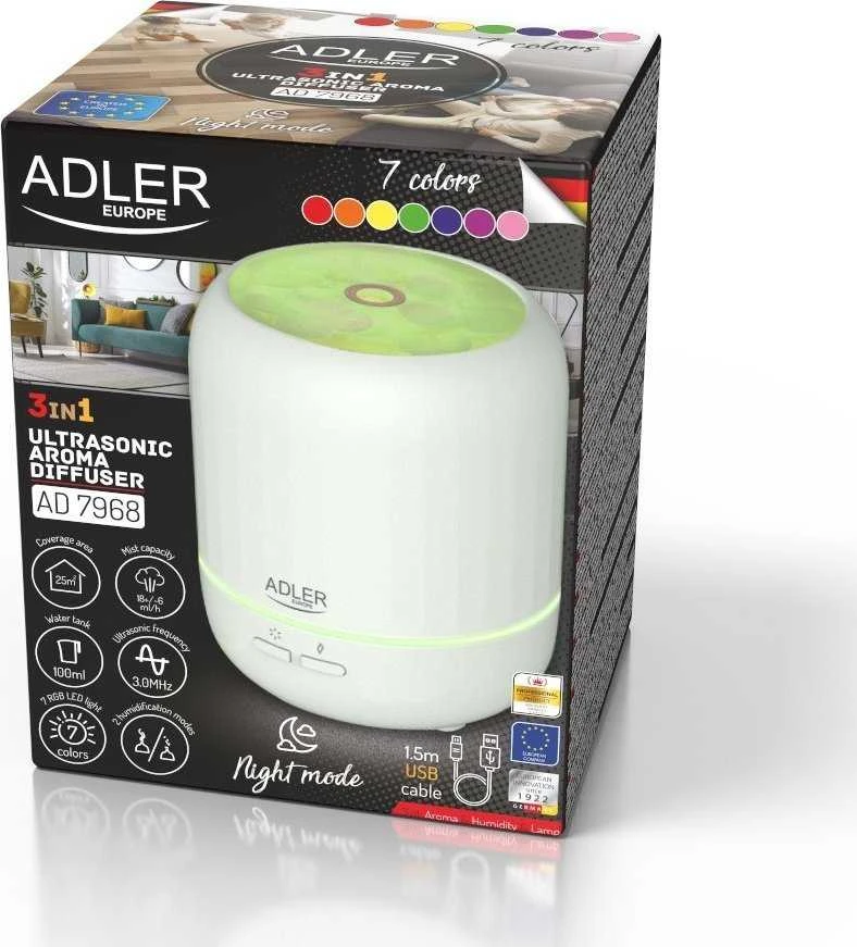 Drėkintuvas Adler | Ultragarsinis aromato difuzorius 3in1 | AD 7968 | Ultragarsinis | Tinka kambariams iki 25 m² | Baltas