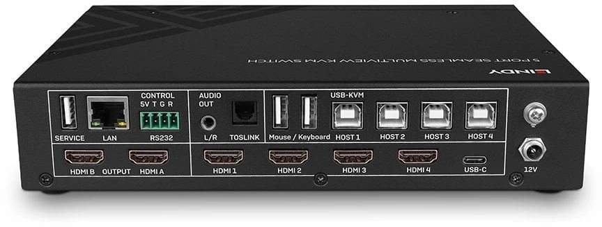 KVM Jungiklis - LINDY 5 Prievadų KVM Komutatorius su Integruotu Daugiavaizdžiu Ryšiu, HDMI, USB Type C, 4096x2160@60Hz
