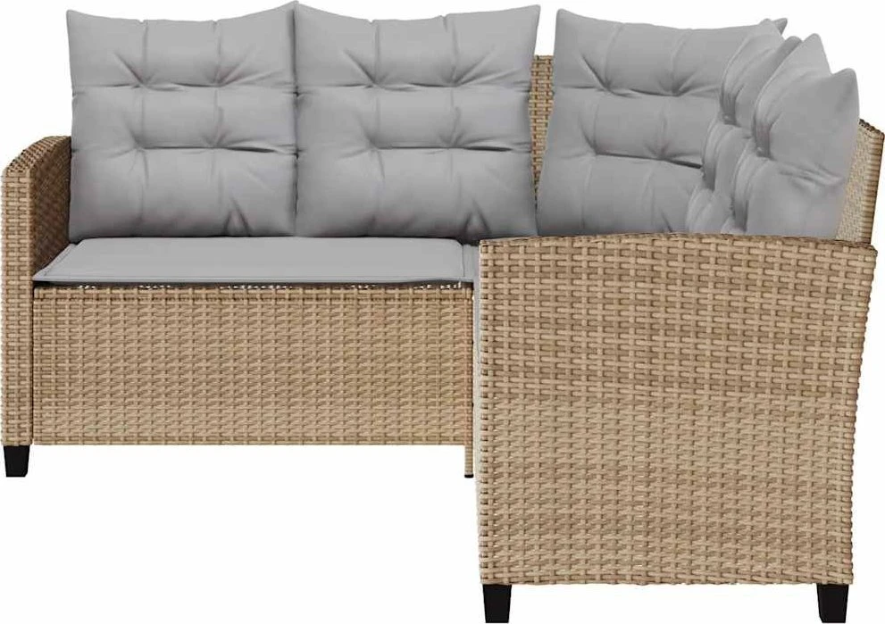 Sodo sofa su stalu ir pagalvėlėmis, L formos, smėlio spalvos, poliratanas