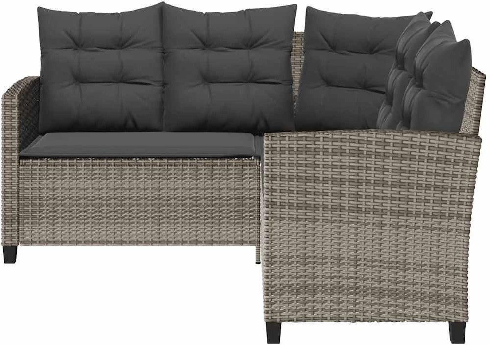 Sodo sofa su stalu ir pagalvėlėmis, L formos, pilka, poliratanas