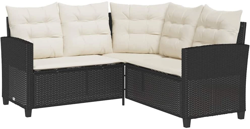 Sodo sofa su stalu ir pagalvėlėmis, L formos, juodas, poliratanas