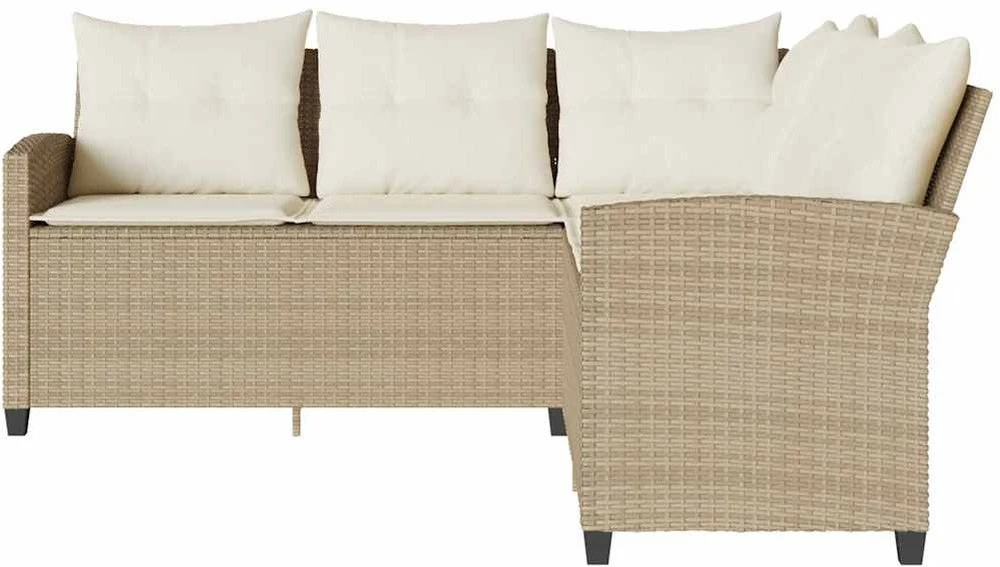 Lauko baldų komplektas L formos sofa su pagalvėlėmis, smėlio spalvos, poliratanas