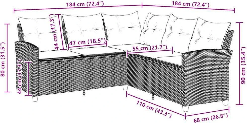 Lauko baldų komplektas L formos sofa su pagalvėlėmis, smėlio spalvos, poliratanas
