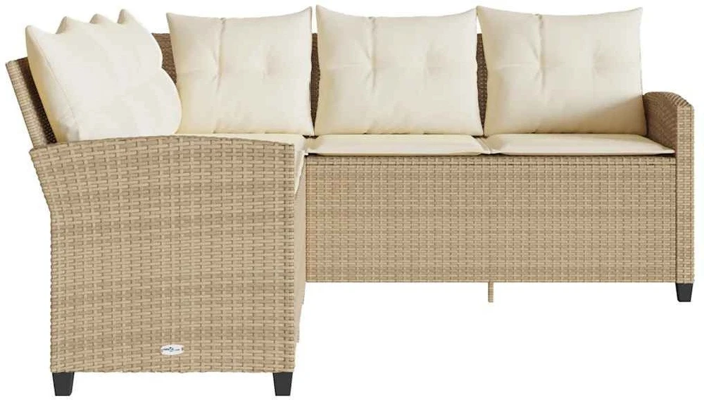 Lauko baldų komplektas L formos sofa su pagalvėlėmis, smėlio spalvos, poliratanas