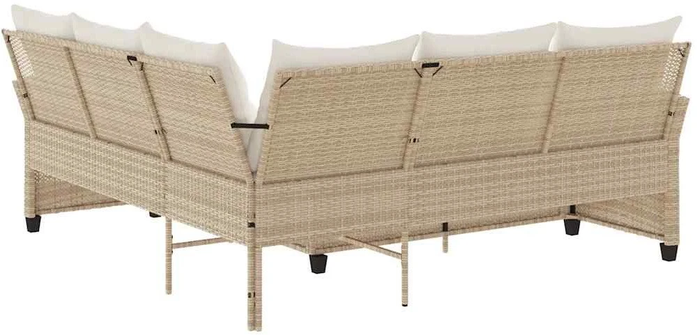 Lauko baldų komplektas L formos sofa su pagalvėlėmis, smėlio spalvos, poliratanas