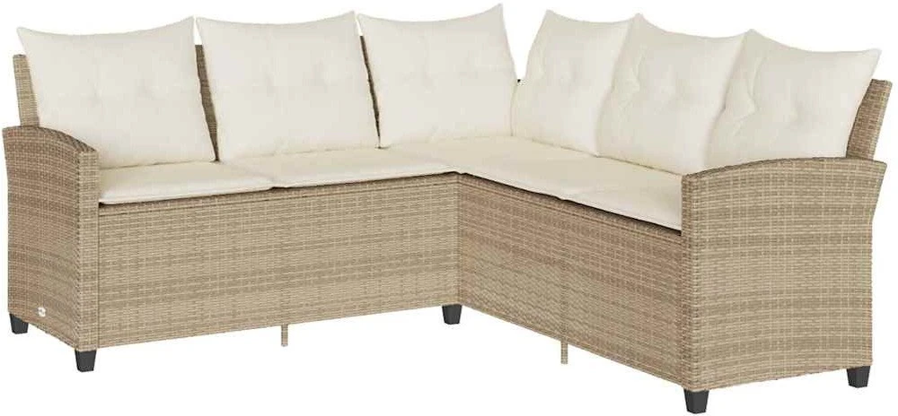 Lauko baldų komplektas L formos sofa su pagalvėlėmis, smėlio spalvos, poliratanas
