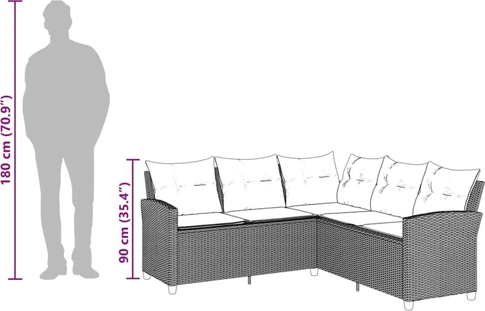 Lauko baldų komplektas L formos sofa su pagalvėlėmis, smėlio spalvos, poliratanas