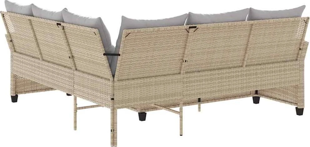 Lauko baldų komplektas L formos sofa su pagalvėlėmis, smėlio spalvos, poliratanas