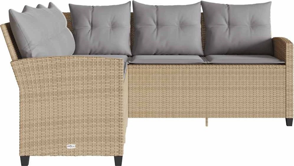 Lauko baldų komplektas L formos sofa su pagalvėlėmis, smėlio spalvos, poliratanas