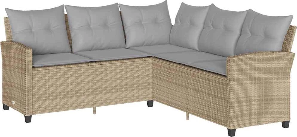 Lauko baldų komplektas L formos sofa su pagalvėlėmis, smėlio spalvos, poliratanas