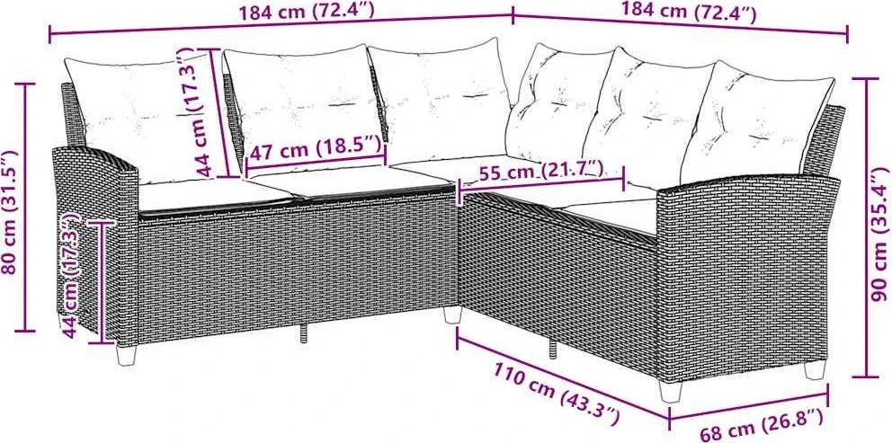 Lauko baldų komplektas L formos sofa su pagalvėlėmis, smėlio spalvos, poliratanas