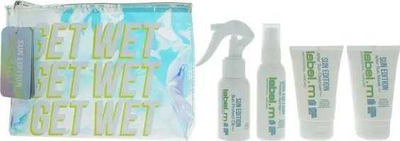 Label.M „Get Wet Sun Edition“ rinkinys. M: „Sun Editon“ UV filtro plaukų lakas stiprinimui, 50 ml + „Sun Editon“ plaukų aliejus su UV filtru, atgaivinantis spindesį ir atkuriantis spindesį, 60 ml + „Sun Editon“ plaukų šampūnas drėkinimui, 60 ml + „Sun Editon“ plaukų šampūnas su UV filtru.