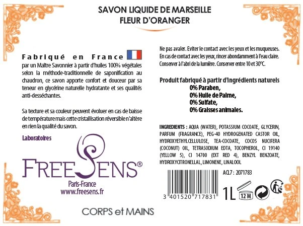 Laboratoire Freesens Freesens Fleur D' Oranger švelnus valomasis skystas muilas rankoms ir kūnui, 1000 ml
