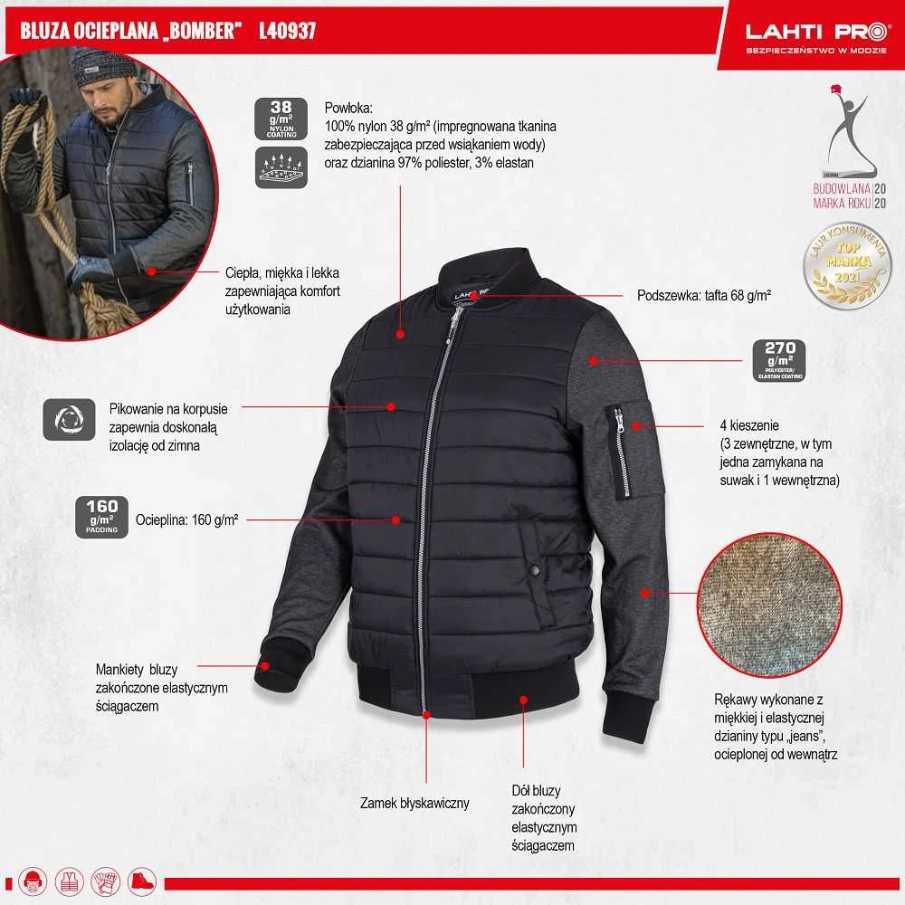 Lahti Pro Bluza, Šiltas „bomber“ stiliaus džemperis, juodas, XL, ce, Lahti