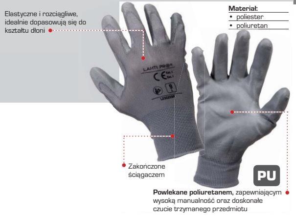 Lahti Pro Rękawice PU pirštinės pilkos l230209p, kartonas, "9", ce, Lahti