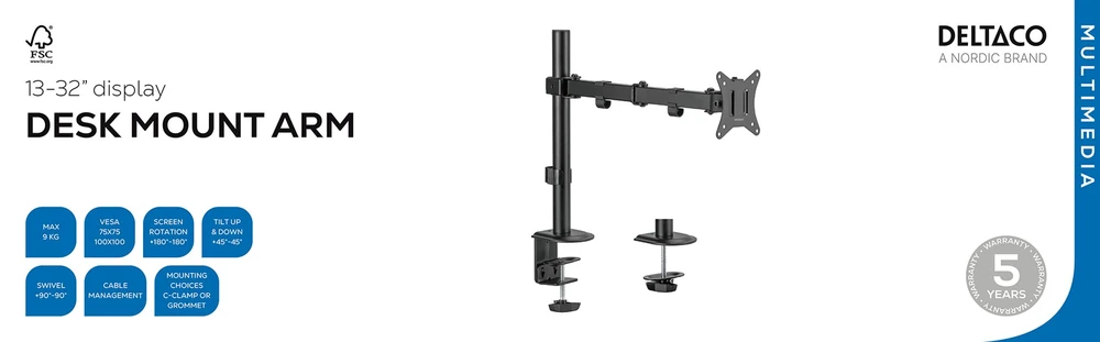 Vieno monitoriaus stalo laikiklis DELTACO, pakreipiamas, pasukamas, pasukamas, 13–32", 9kg / ARM-0303-B / 1903411