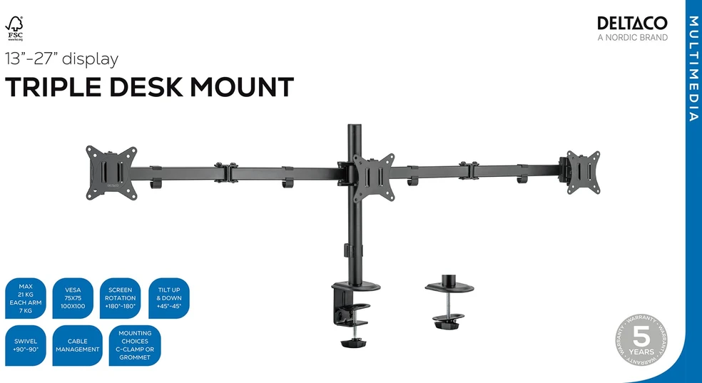 Laikiklis Deltaco ARM-0301-B, 75 x 75 mm, 100 x 100 mm, -45 - 45°, -90 - 90°, 360°, juoda