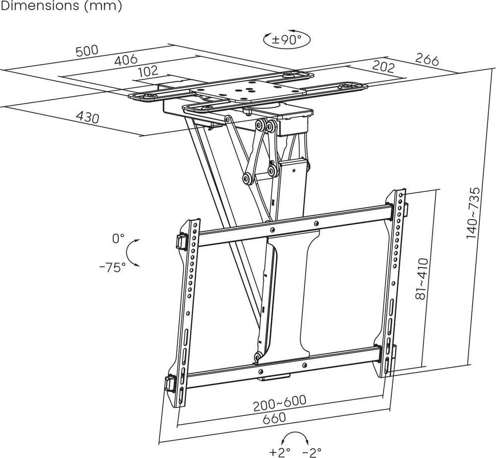 Maclean elektrinis lubų televizoriaus laikiklis, TUYA atrama, maks. VESA 600x400, 90-as pasukamas nuotolinio valdymo pultas, 32"-75", 35kg, MC-490