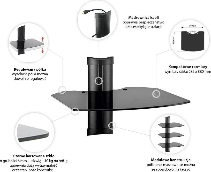 Laikiklis Ergosolid OVI-S1 - Garso/vaizdo/DVD lentynėlė, grūdintas stiklas ir labai aukšta gamybos kokybė