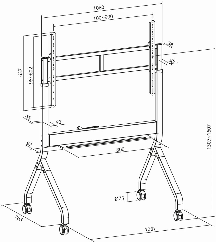 Laikiklis Fiber Novelty – tvirtas mobilus stovas interaktyvioms lentoms, multimedijos ekranams ir televizoriams 50"-90" (PM90G)