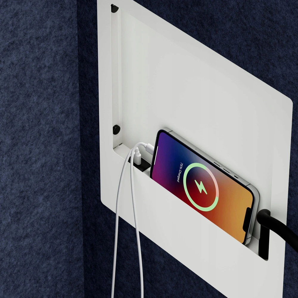 Laikiklis Jan Nowak Biuro akustinė kabina su sėdyne ir USB-C prievadu, korpusas baltas / sėdynė tamsiai mėlyna, 600 mm: SALLY MentalBox (5907367503777)