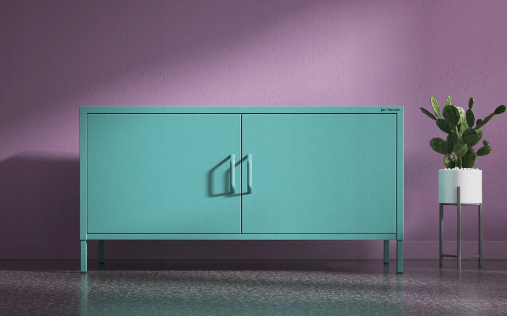 Laikiklis Jan Nowak RTV spintelė metalinė ant kojelių jūros spalvos Modern ROSA, 1150 x 595 x 400 mm
