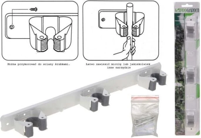 ProGarden Šluotos ir įrankių laikiklis trigubas - metalinis ir plastikinis