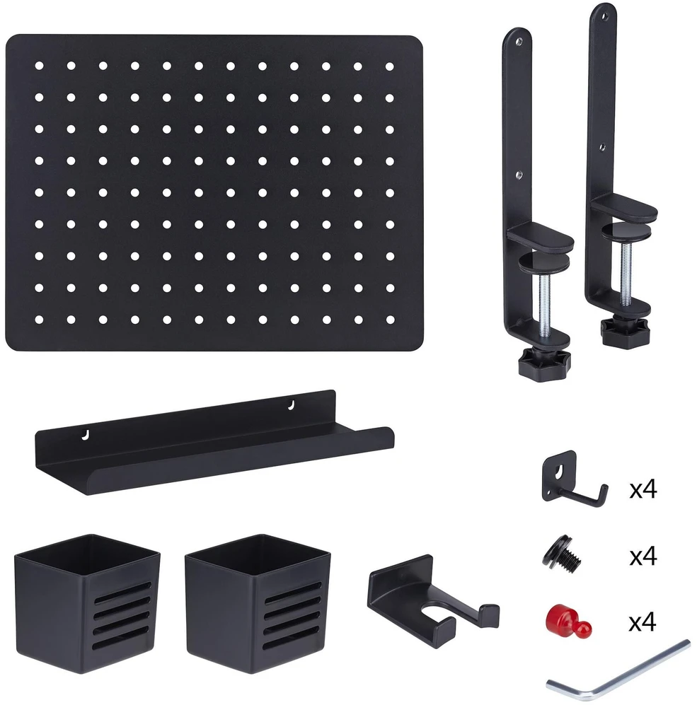 Ausinės StarTech tvirtinama perforuota lenta su priedais, 16,5 x 12,5 col. (42 x 32 cm), plieninė perforuota lenta, stalo daiktų laikymo organizatorius, tvirtinama prie stalo, juoda - tvirtinimo komponentas - spaustukas - plienas - juodas - tvirtinamas prie stalo