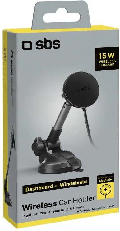 Telescopic telefono laikiklis su belaidžiu įkrovimu SBS TESUPPMAG15WLONGARM with suction cup, compatible with MagSafe - juodas