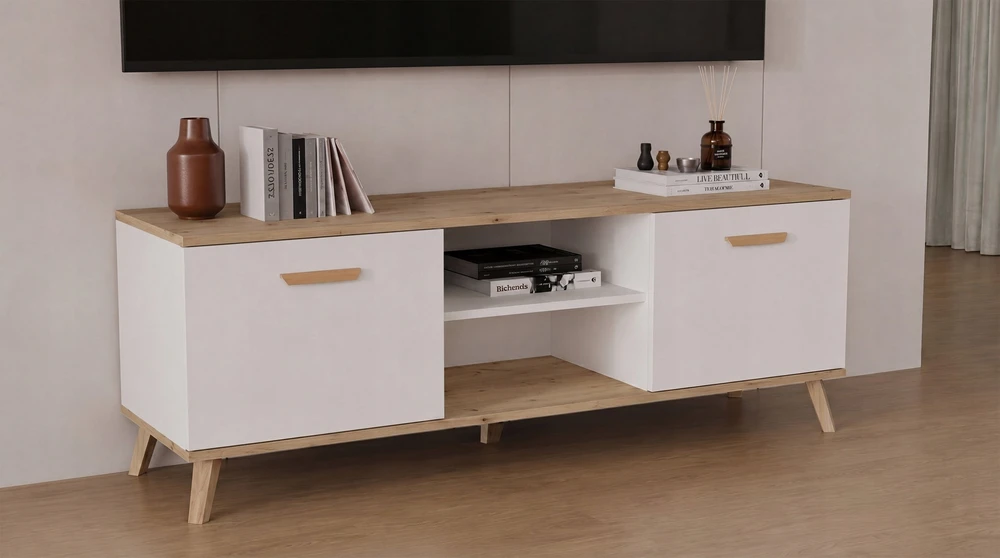 Laikiklis Vasagle Szafka RTV OLYMPO 150 balta dąb ARTISAN 150 CM Staliukas Pod TV Televizorius (M-MP-RT-OLP-150-BIA-ART)