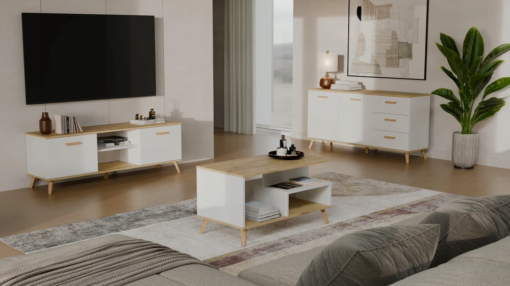 Laikiklis Vasagle Szafka RTV OLYMPO 150 balta dąb ARTISAN 150 CM Staliukas Pod TV Televizorius (M-MP-RT-OLP-150-BIA-ART)