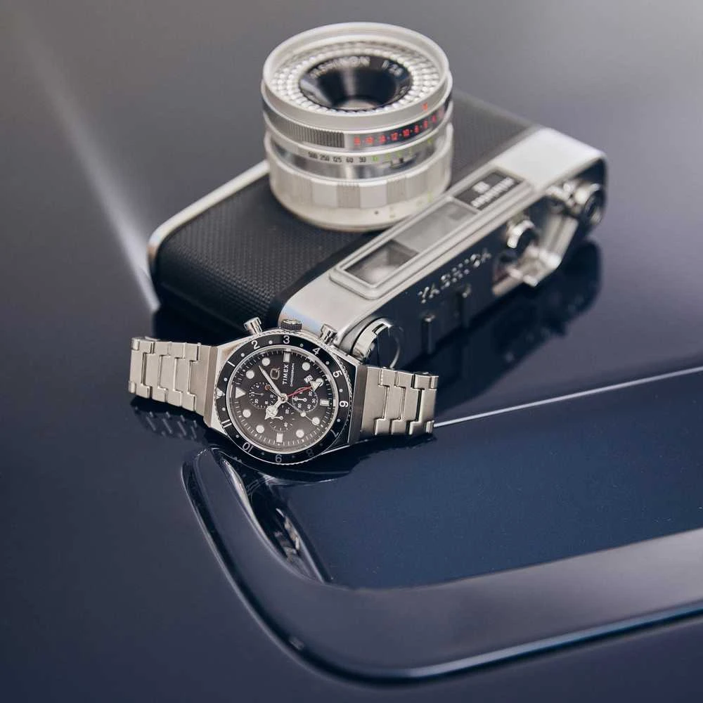 Vyriškas laikrodis TIMEX Q Timex 3 laiko zonų chronografas TW2V69800 + DĖŽUTĖ
