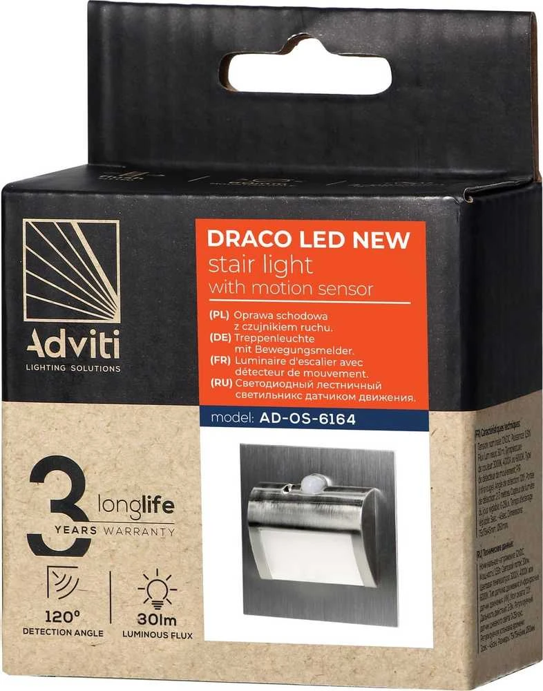 Orno DRACO LED NEW 1.5W, įleidžiamas laiptų šviestuvas, 12VDC, 30lm, 3000K, satinas, judesio ir prieblandos jutiklis