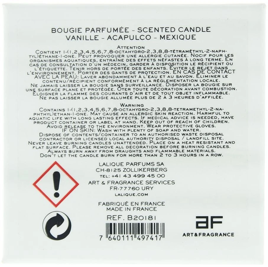 Lalique Vanille Acapulco Mexique Vanilla Scented Candle, 190 g