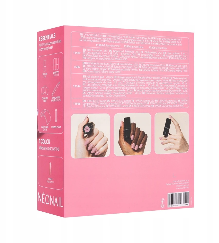 Nagų lempa Realac NEONAIL_Set Essentials hibridinė bazė Hard Base 3 ml + hibridinis lakas Rosy Moment 3 ml + hibridinis viršutinis sluoksnis Hard top 3 ml + LED lempa 10/36W + dvikryptė dildė-poleris 2 vnt. 1 + mediniai pagaliukai + vatos diskeliai su riebalų šalinimo priemone 20 vnt. (5904553697340)