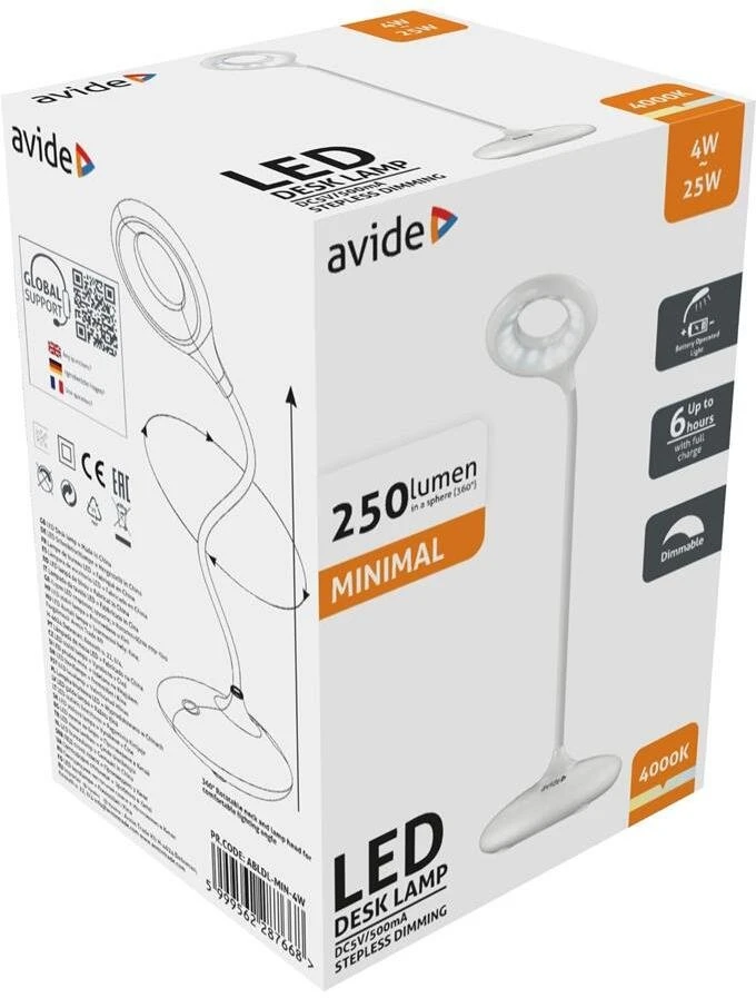 Avide LED įkraunamas stalinis šviestuvas 4W baltas