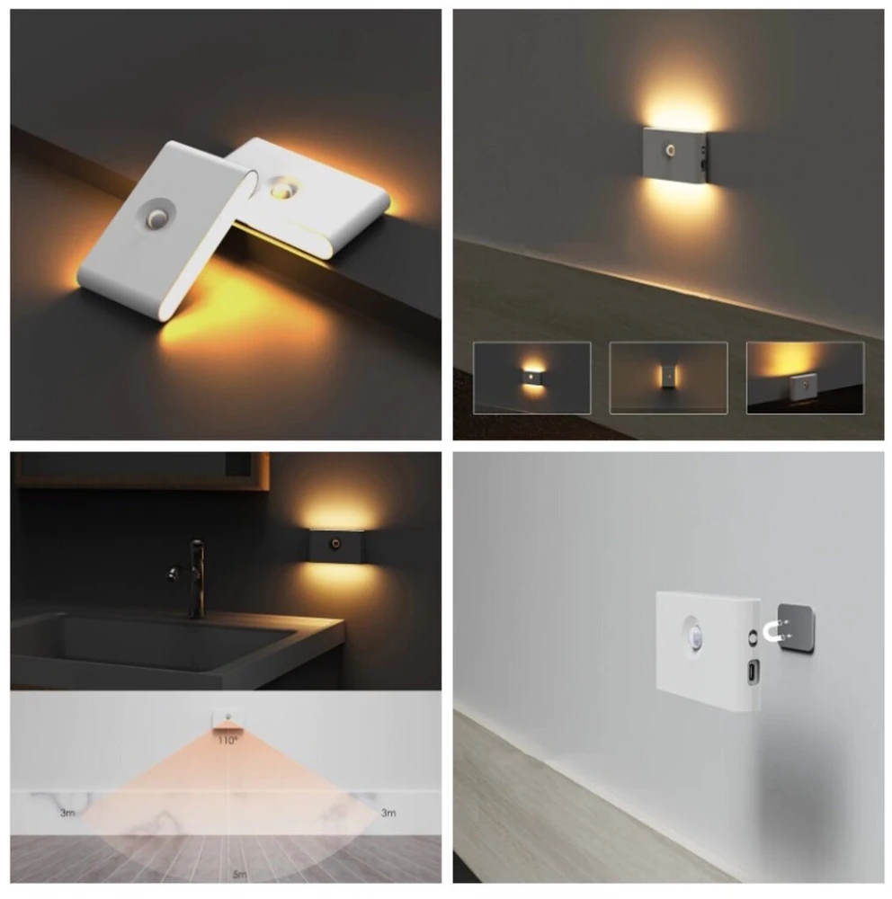 E-LIGHT „Elight T1“ sieninis dvigubos projekcijos LED šviestuvas su baterijomis, 1 W, 2700 K, judesio/įniršio jutikliu, USB-C, baltas