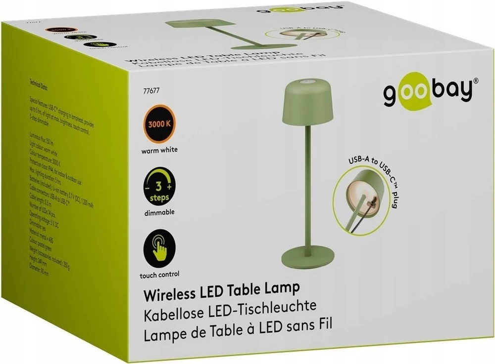 Stalinė lempa Goobay Belaidė LED stalinė lempa, dydis S, 25 cm, Žalia 77677