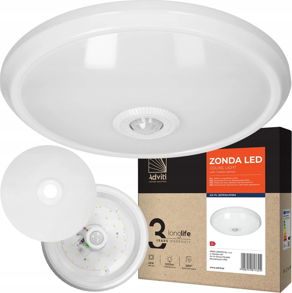 ZONDA LED 16W, lubinis šviestuvas su judesio jutikliu, 1100lm, IP20, 4000K, pieniškas polikarbonatas, baltas