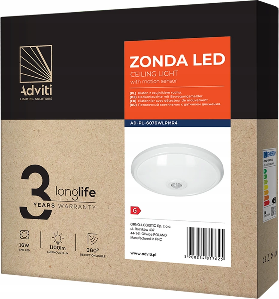 ZONDA LED 16W, lubinis šviestuvas su judesio jutikliu, 1100lm, IP20, 4000K, pieniškas polikarbonatas, baltas